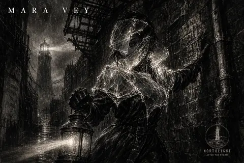 Vertical charcoal-sketch poster featuring Mara Vey, a fictional lighthouse keepe - AI生成图片 1