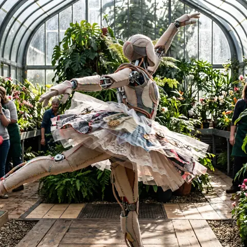 A hyper-dynamic robotic ballet dancer mid-whirl inside a blazing glasshouse, lim - AI生成图片 2