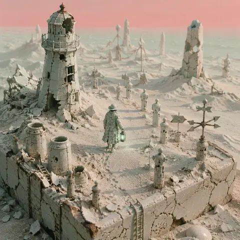 An eerie isometric miniature diorama of a solitary lighthouse keeper wandering a - AI生成图片 1