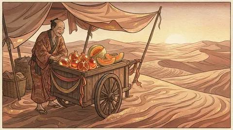 market fruit vendor laughing softly beside a ribboned cart of translucent pomegr - AI生成图片 1