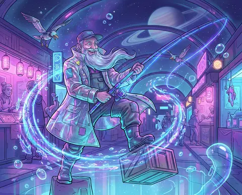 Hero splash illustration of an elderly fisherman with a wide grin and comet-silv - AI生成图片 2