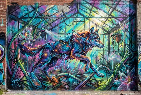 Ultra-detailed graffiti street mural of a wolf made of constellations, leaping t - AI生成图片 3