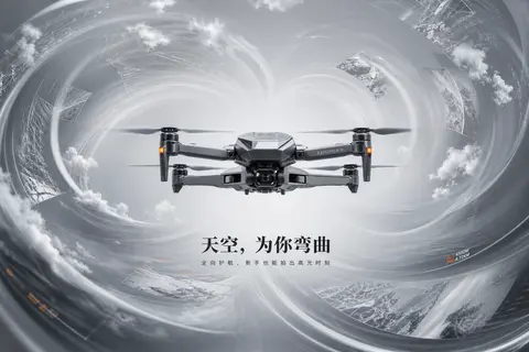 为一款岩灰色折叠航拍器打造顶级商业主视觉海报，主题是“空间被它驯服”。画面中央，一台未来感轻型无人机静止悬浮，机身绝对清晰锐利、比例精准、无任何镜头畸变，金属外 - AI生成图片 1
