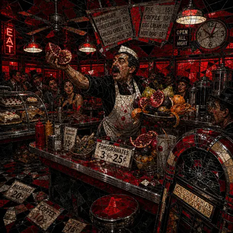 A feverish stained-glass mosaic scene inside a 1950s retro diner, centered on a - AI生成图片 1