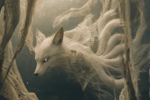 a mythical nine-tailed fox spirit drifting through a vast underwater abyss, its - AI生成图片 2