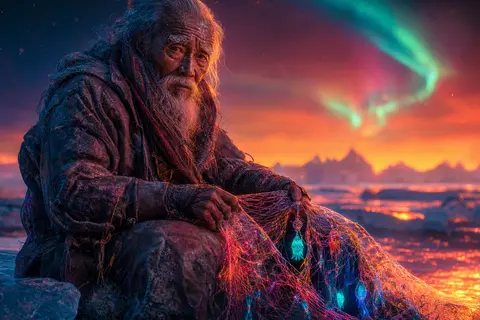 An elderly fisherman seated alone on a low ice ledge in a vast frozen tundra ben - AI生成图片 1