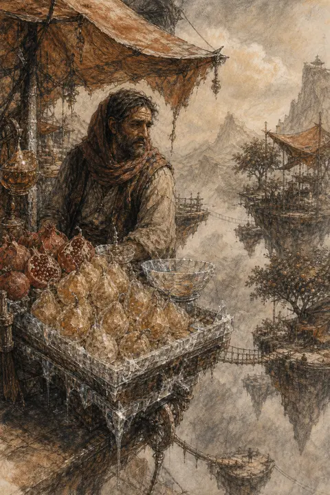 charcoal sketch of a melancholic market fruit vendor on floating sky islands, ba - AI生成图片 3