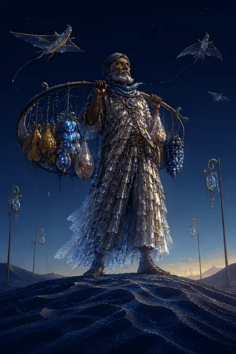 纵向9:16，16-bit像素艺术风，一位年长的沙海果品摊主立于破晓荒漠的高耸沙脊之巅，仰视视角，全身入镜，身披由半透明树脂薄片串联而成的层叠长袍，衣角像凝固的 - AI生成图片 2