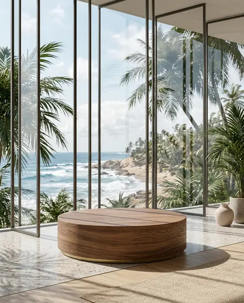 A refined product-display mockup featuring a circular wooden pedestal resting on - AI生成图片 2