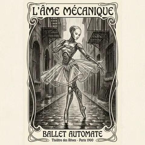 An intimate, quiet art nouveau poster of a solitary robotic ballet dancer paused - AI生成图片 2