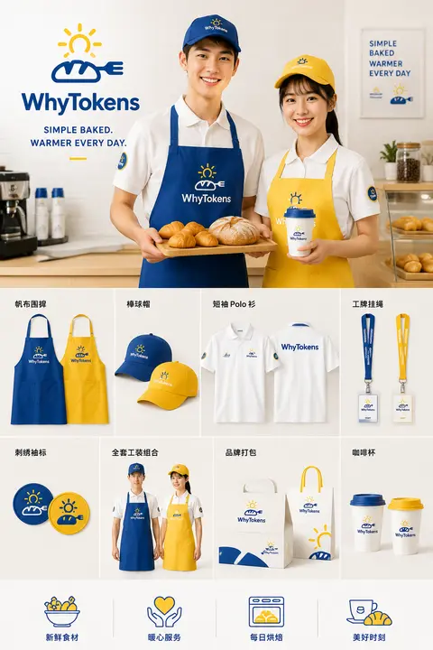 品牌 VI 工装版式展板，烘焙店 WhyTokens 全套视觉物料展示，明亮克莱因蓝 + 暖黄撞色主色调，干净 ins 风商业品牌设计主视觉：一男一女年轻东亚店 - AI生成图片 2