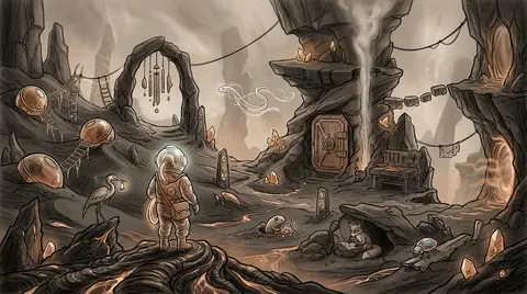 Side-view platformer scene set across a tranquil volcanic wasteland, rendered as - AI生成图片 2