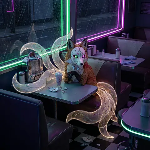A mythical nine-tailed fox spirit sits alone in the back booth of a 1950s retro - AI生成图片 2