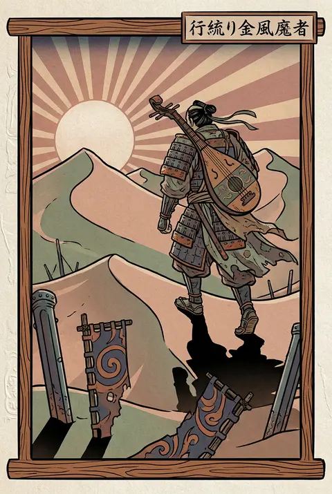 A lone itinerant lute-player strides across towering dunes at first light, rende - AI生成图片 2