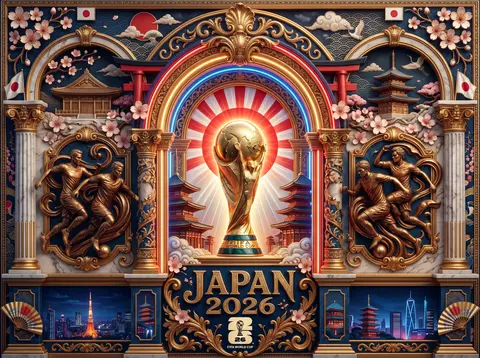 Ultra-detailed 3D baroque poster, Japan World Cup 2026, FIFA trophy in center, d - AI生成图片 3