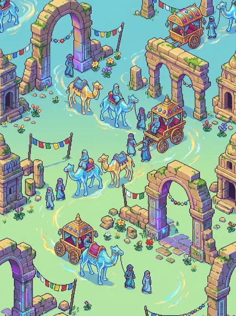 Seamless repeating 16-bit pixel art pattern depicting a joyful desert nomad cara - AI生成图片 3
