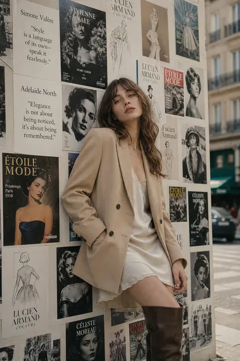 Full cinematic daylight fashion portrait of fashion muse Elara Voss leaning agai - AI生成图片 2
