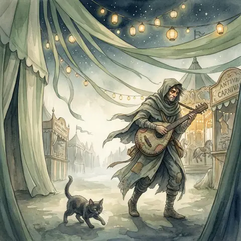 At a midnight carnival under swaying lantern constellations, a wandering street - AI生成图片 1