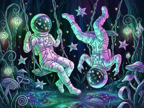 Twin astronaut explorers with mirrored silhouettes and mischievous body language - AI生成图片 2