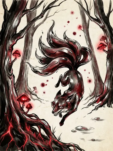 A mischievous nine-tailed fox spirit springs through a bioluminescent midnight g - AI生成图片 1