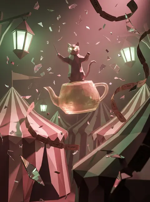 tea-house cat conducting a midnight carnival from a floating translucent resin t - AI生成图片 2