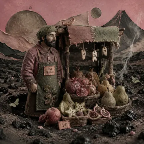 Surrealist photo collage of a solitary fruit vendor named Ilya Quince standing b - AI生成图片 1