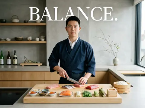 Premium editorial campaign.Main Subject: Young sushi chef inside a minimalist Ja - AI生成图片 4