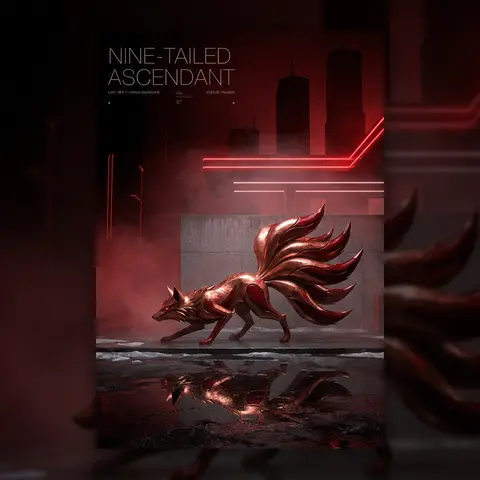 A collector-grade vertical poster in vaporwave noir: a mythical nine-tailed fox - AI生成图片 1