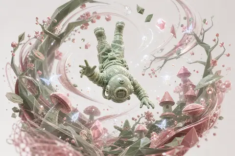 一位圆头铜盔的深海潜行者倒挂在发光夜林中央，像误入童话的探险家，笨拙又神气地伸手追逐四周被“看不见的牵引”卷起的奇异景象；整个人物与装备被重塑为 carved - AI生成图片 2