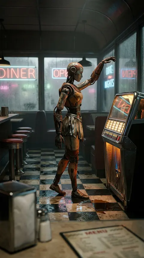 A solitary robotic ballet dancer in a rain-speckled 1950s roadside diner at clos - AI生成图片 2