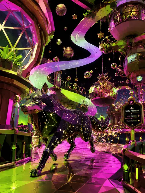 A playful whimsical low-poly 3D render of a wolf formed from sparkling star-cons - AI生成图片 3