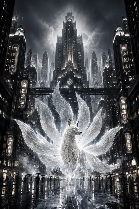 Epic art deco travel poster of a mythical nine-tailed fox spirit striding throug - AI生成图片 2