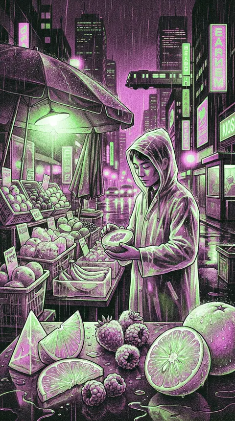 方形构图，静谧而私密的雨夜霓虹巨型都市一隅，潮湿街市在酸性荧光绿与洋红双色错位印刷效果中展开，仿佛一张高对比 risograph 双色版画海报；画面主角是一位果 - AI生成图片 4