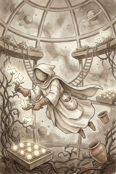 A celestial gardener drifting through the greenhouse ring of an orbital space st - AI生成图片 1