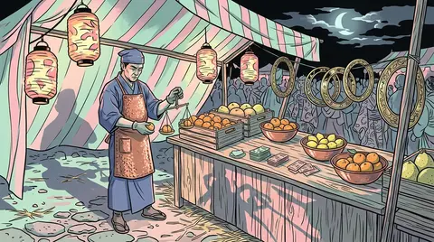 Pastel ukiyo-e woodblock print of a tense midnight carnival: a market fruit vend - AI生成图片 3