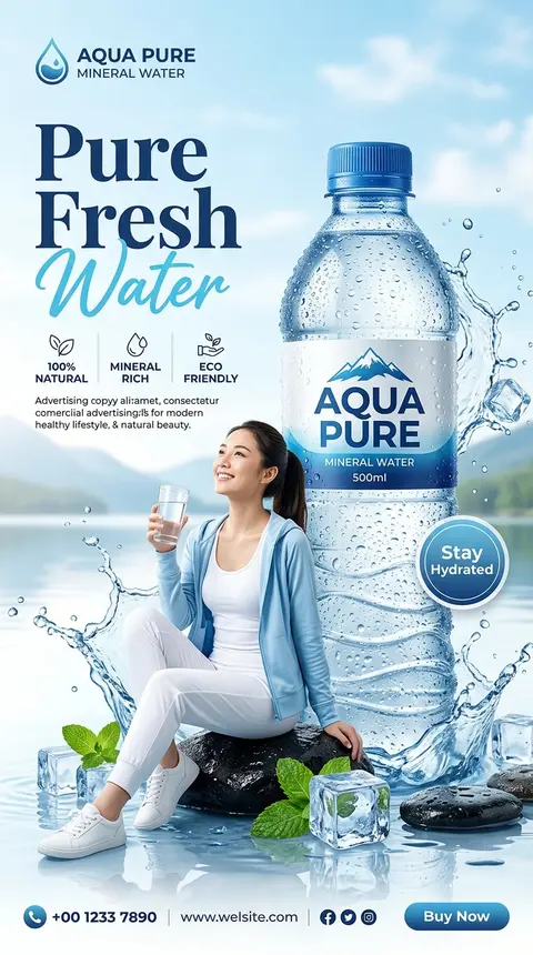 一张高端商业广告风的方形瓶装矿泉水海报，清新纯净的蓝白配色，现代健康生活方式主题，电商宣传图风格。画面中央偏右是一只超大号透明塑料矿泉水瓶，瓶身布满细密冷凝水珠 - AI生成图片 1