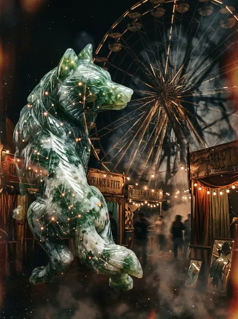 carved jade wolf formed from constellations, tense midnight carnival, double-exp - AI生成图片 2