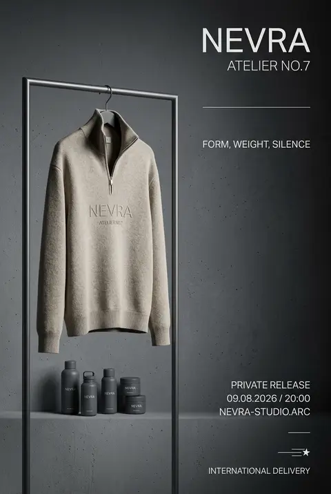 一张奢雅克制的当代服饰品牌宣传海报，竖版画幅，4:6比例，偏静物陈列摄影风格；空间设定在冷调展厅内，背景是一面带细微水泥颗粒与岁月擦痕的烟煤色墙体，整体气质安静 - AI生成图片 3
