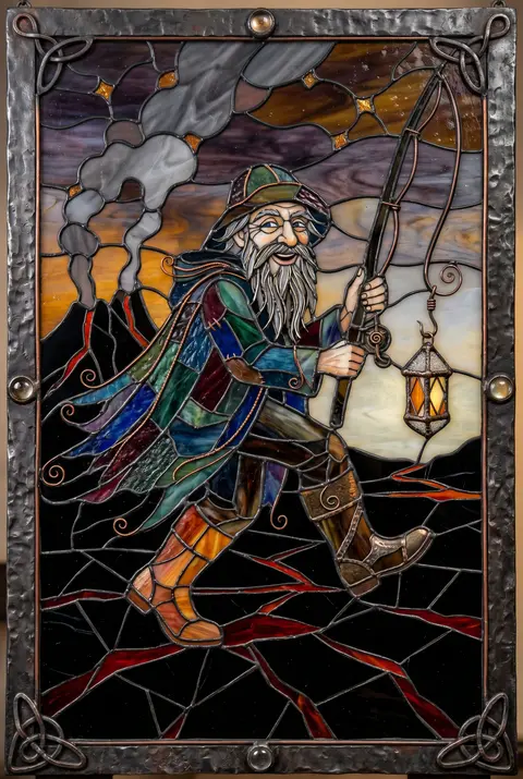 Whimsical stained-glass mosaic poster of an elderly fisherman with a forked silv - AI生成图片 3