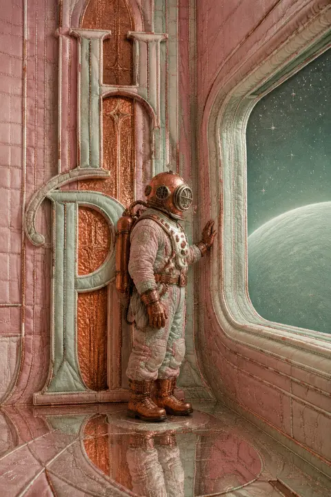 Vertical embroidered textile artwork styled like a luxury sci-fi poster: inside - AI生成图片 1