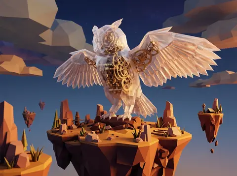 A monumental clockwork owl forged from frosted crystal, perched above floating s - AI生成图片 2