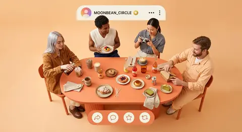 俯视广角、无缝影棚时尚广告摄影，一幅高度概念化的社交分享主题画面：四名二十岁出头的都市创意人围坐在一张被设计成短视频平台发布页面的椭圆形珊瑚橘色桌台旁，整体视觉 - AI生成图片 2