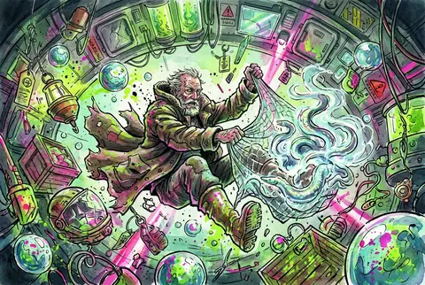 An elderly fisherman hurtling through a cluttered orbital station market ring, c - AI生成图片 1