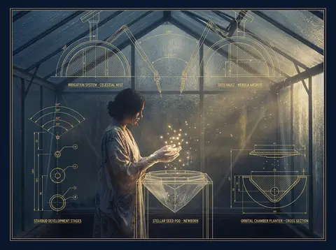 A celestial gardener tending newborn stars inside a sun-drenched greenhouse of f - AI生成图片 2