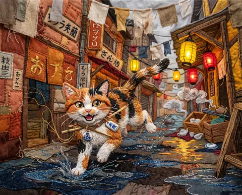 a nimble tea-house cat skidding through a rain-soaked back alley, tail whipping - AI生成图片 1