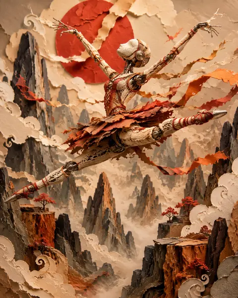 A robotic ballet dancer leaping through a fog-shrouded mountain pass, assembled - AI生成图片 2