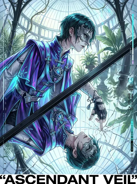 二次元插画，未来实验美学海报，纵向构图，近景半身的 masked carnival acrobat 俯身凝视一块裂纹纵横的抛光瓷面，画面被一道斜切的结构边界分成 - AI生成图片 2