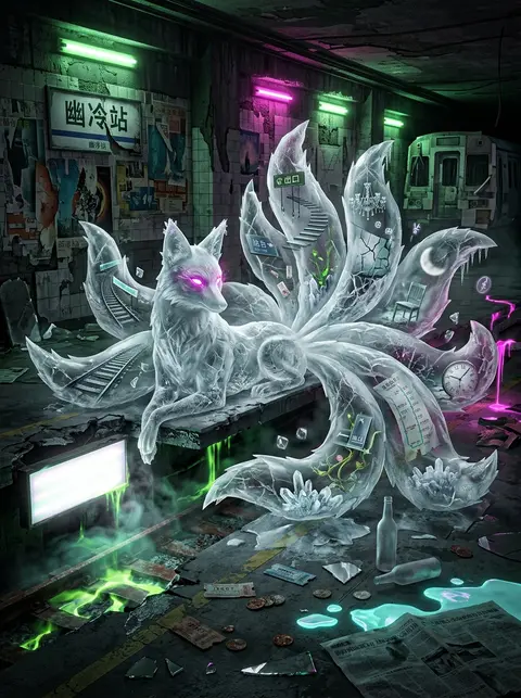 一幅超高细节的超现实摄影拼贴海报，纵向构图，俯视中带轻微仰角，气氛诡秘而幽冷。画面中心不是旅行纪念品，而是一座由霜晶雕成的九尾狐灵半卧在废弃地铁站台中央，身体像 - AI生成图片 2