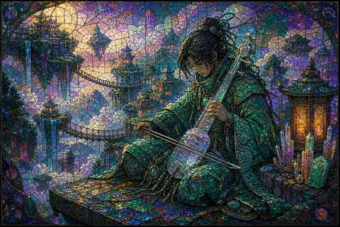 A solitary street fiddler on a chain of drifting sky islands, wrapped in a cloak - AI生成图片 2