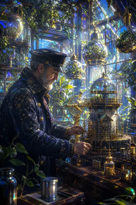 A solitary lighthouse keeper tending a miniature brass observatory inside a sunl - AI生成图片 2